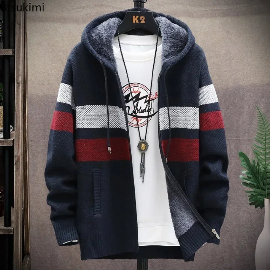 2025 Men's Winter Thick Warm Striped Cardigan Sweater Hooded Faux Fur Wool Jacket Windbreaker Fleece Jumper Knitted Jacket Male - Colouronova