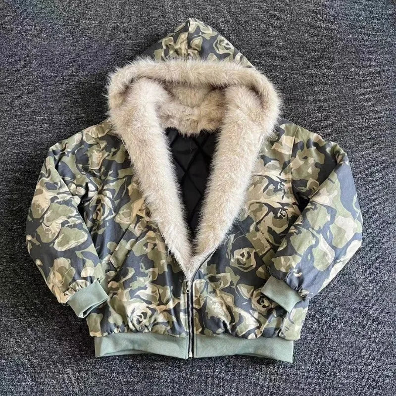American Fashion New Camouflage Fur Collar Thick Velvet Jacket Y2K Punk Wind Rock Tide Brand Baggy Hooded Couple Sports Coats - Colouronova