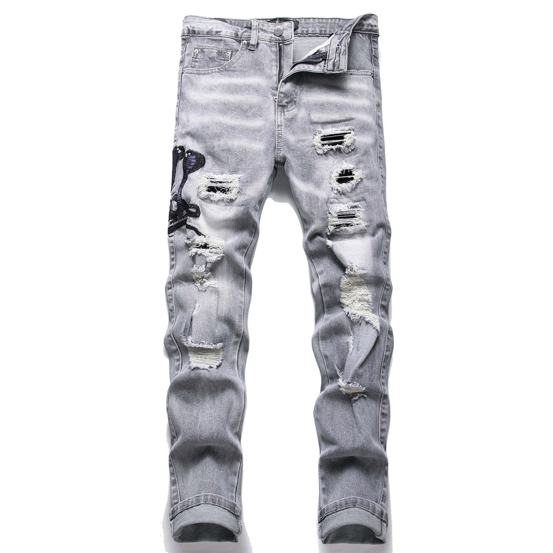 Mens Stretch Ripped Embroidered Jeans Colouronova