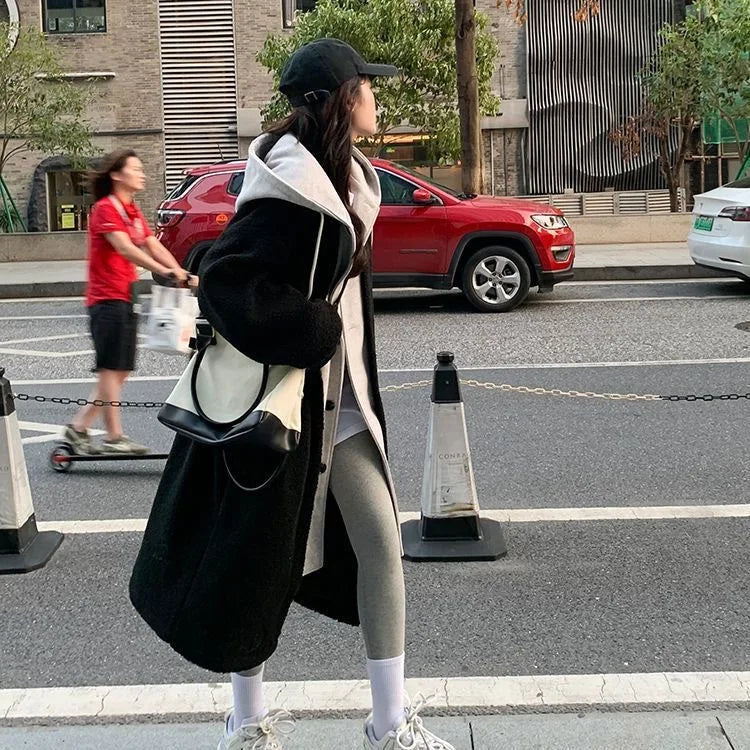 Women Wool Coat Thick Long Jacket Hooded Suits Full Sleeve Single Breasted Solid Blends Warm Elegant Lady Pocket Winter - Colouronova