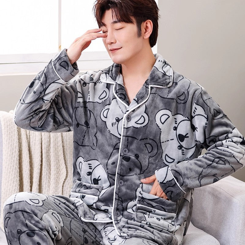 Men's Coral Fleece Pajama Set Long Sleeve Colouronova