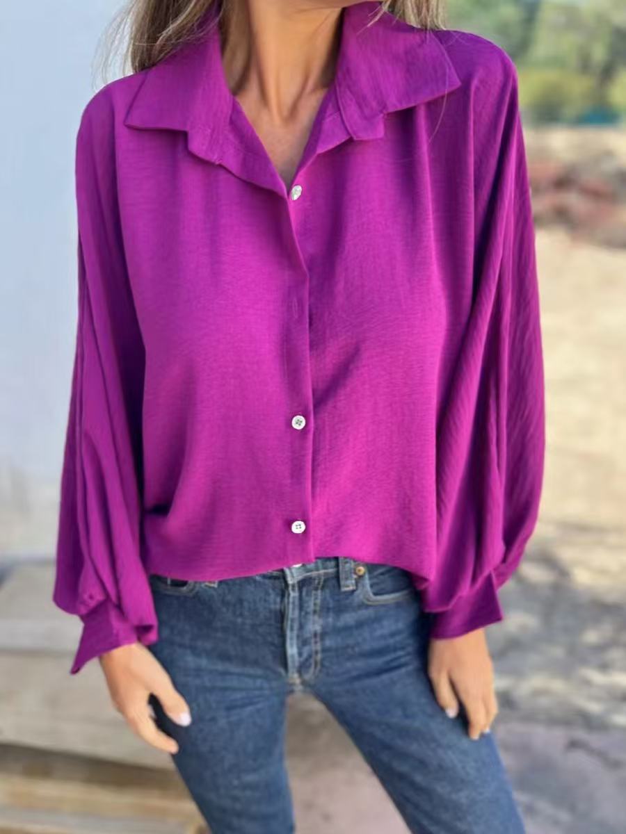 Women's Lapel Button Front Long Sleeve Shirt Colouronova