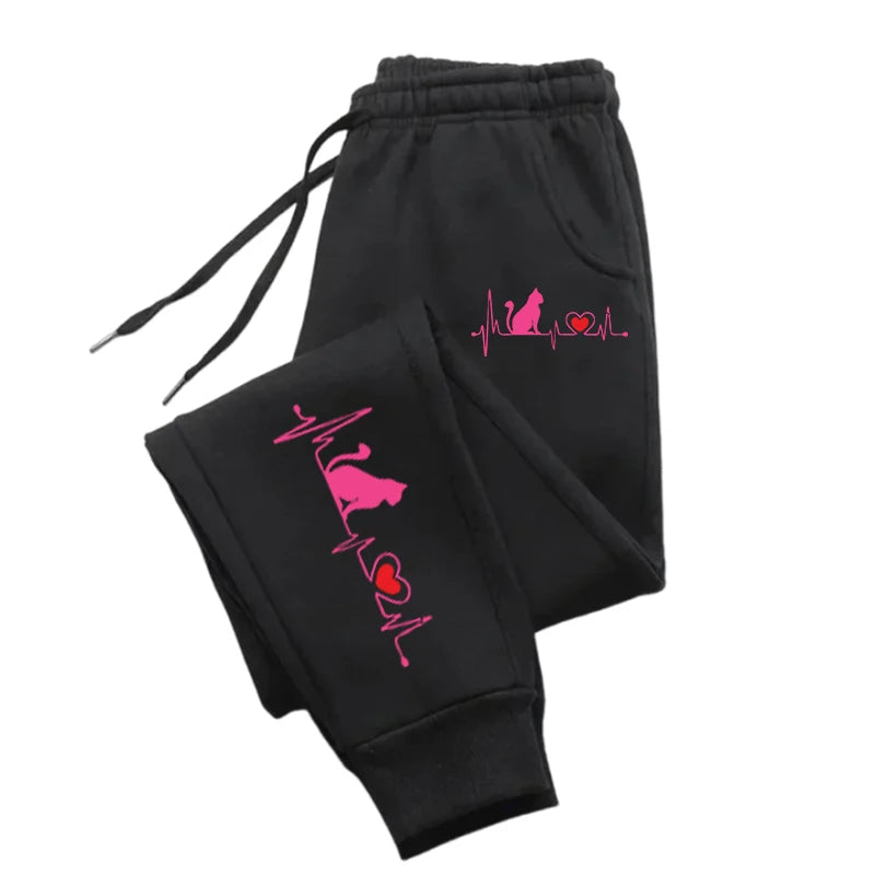 Cat Electrocardiogram Printed  Trousers Sport Fashion Joggers Street Soft  Pants Woman Casual Autumn Gothic Clothing - Colouronova