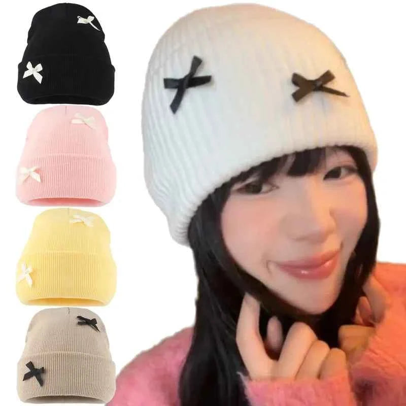 Korean Bow Women Beanie Cap Autumn Winter Warm Ins Style Cute Y2K Girls Knitted Hat Solid Color Bowknot Female Thermal Skullcap
