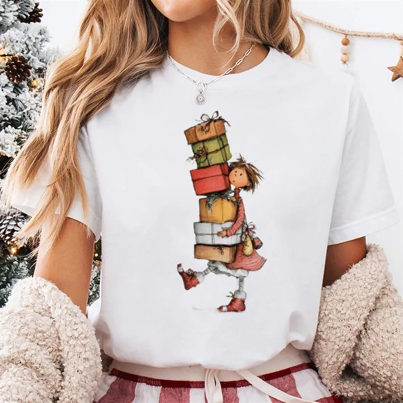 T-Shirt Women's Christmas Socks Christmas Gift Cartoon Street Round Neck Top Women's Casual Harajuku Fashion New Year T-Shirt - Colouronova