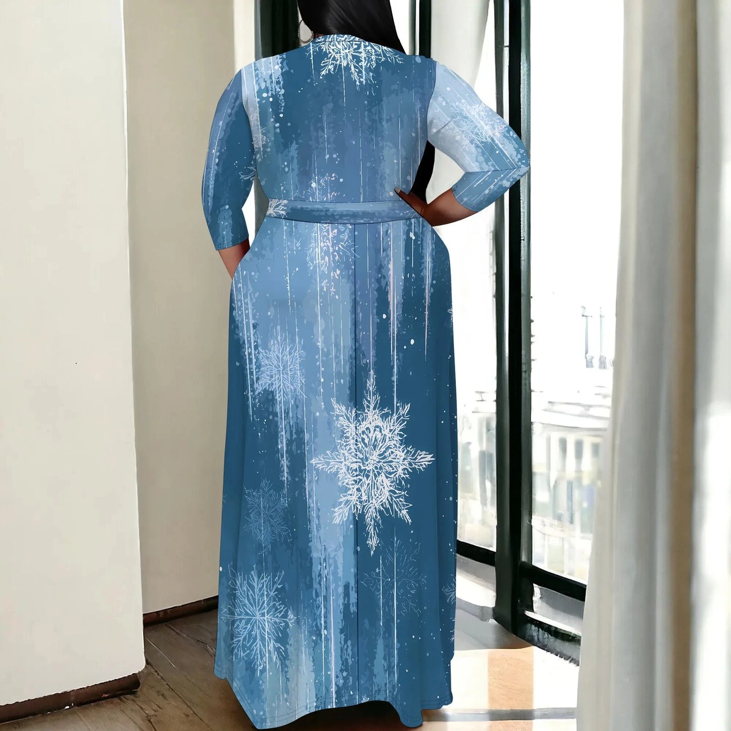 Plus Size Women's 3/4 Sleeve V-Neck Snowflake Print Wrap Maxi Dress Winter Elegant Party Dress Colouronova