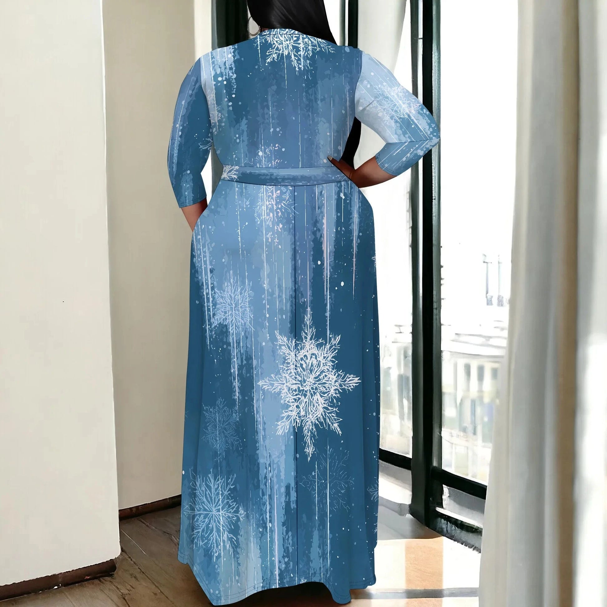 Plus Size Women's 3/4 Sleeve V-Neck Snowflake Print Wrap Maxi Dress Winter Elegant Party Dress Colouronova