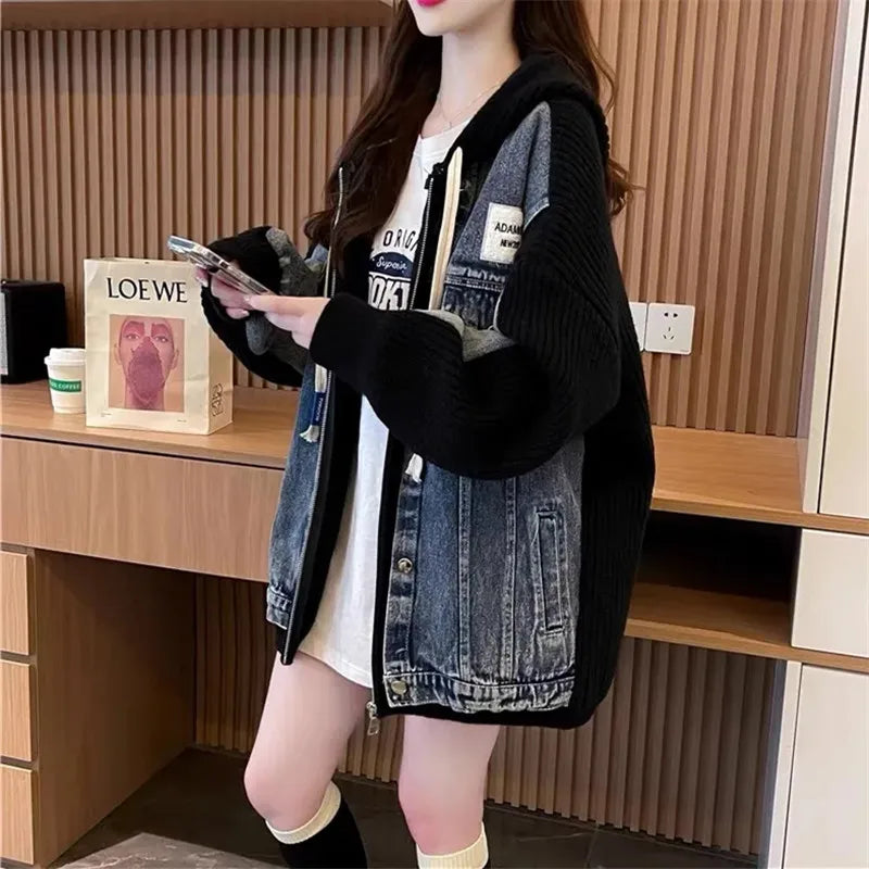 2025 New Autumn Winter Fashion Hooded Denim Patchwork Sweater Knitted Cardigan Coat Women Loose Fake Two Pieces Outerwear W646 - Colouronova