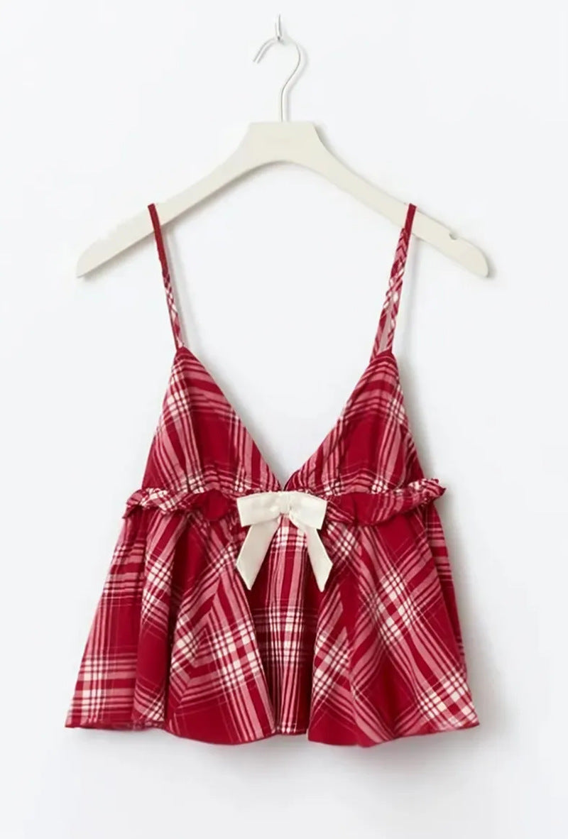 Retro Plaid Bow Decor Women's Top and Pants Colouronova