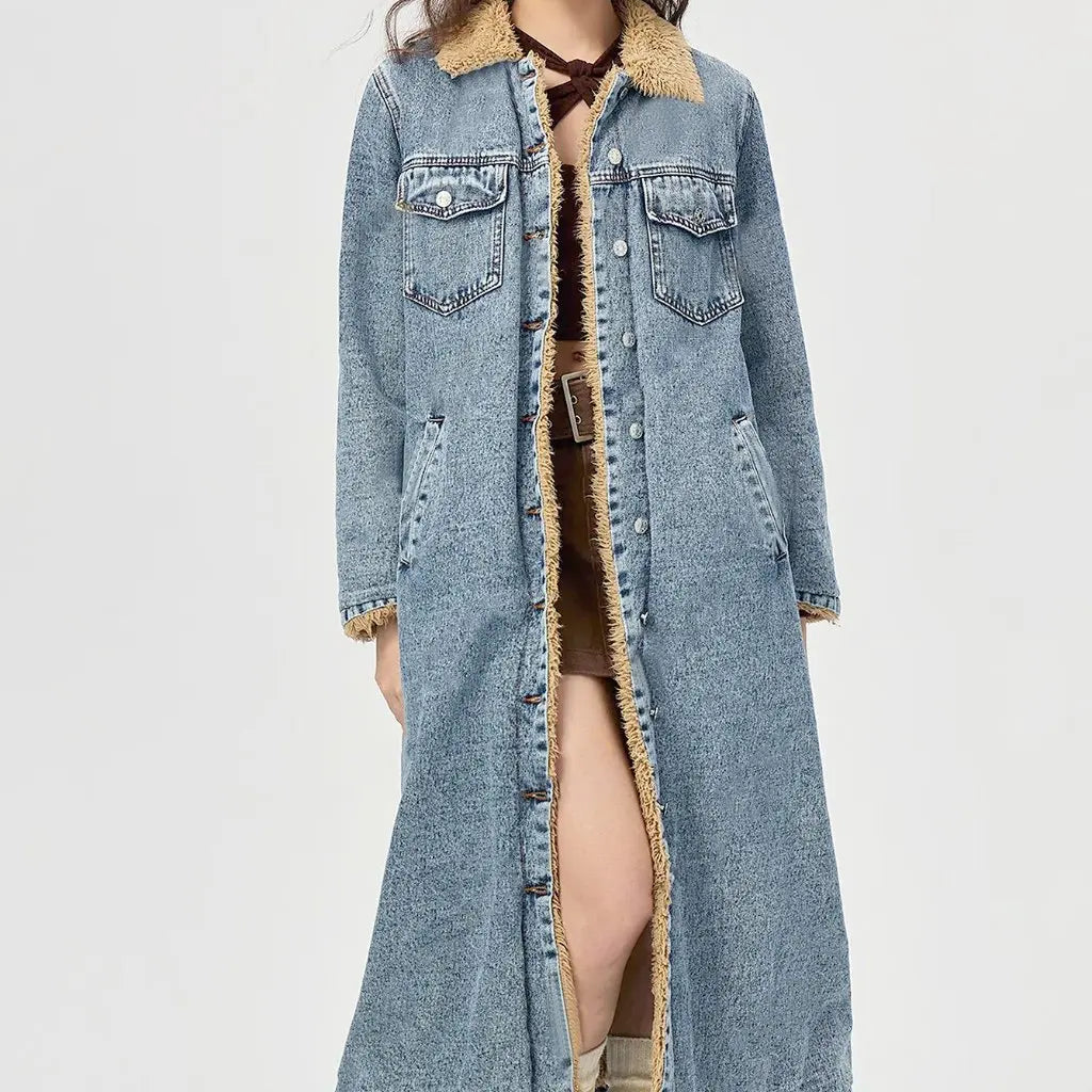 Women's Long Fleece-Lined Cotton-Padded Denim Jacket Loose Fit European And American Style Outerwear for Ladies - Colouronova