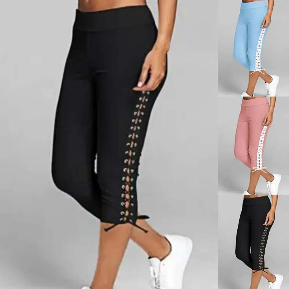 Women High Waist Cropped Trousers Drawstring Bandage Skinny Leggings Pants Joggers For Ladies - Colouronova