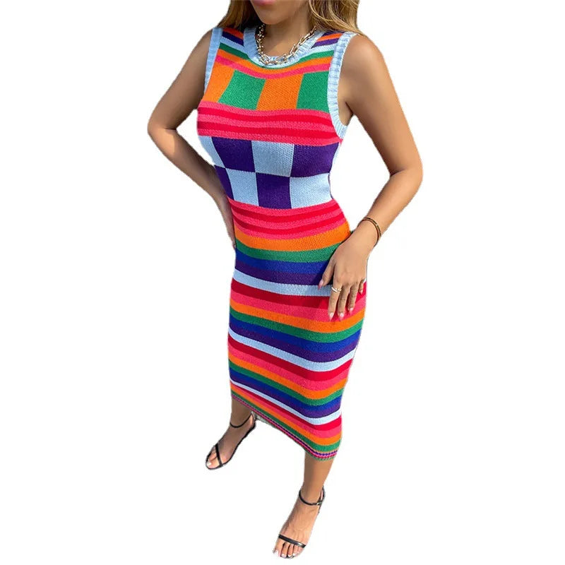 women's clothing  autumn/winter new fashionable contrasting color Christmas sweater long slim fit wrapped buttocks knitted dress - Colouronova