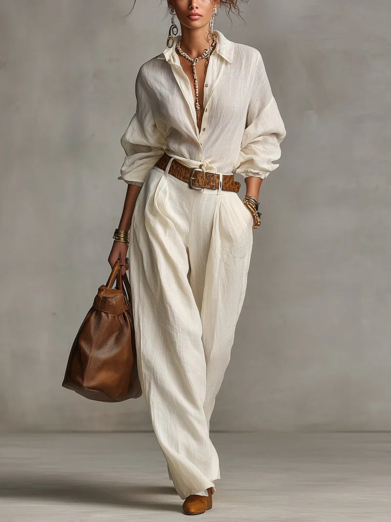 Casual Style Sleeveless Shirt and Wide-Leg Pants Set Colouronova