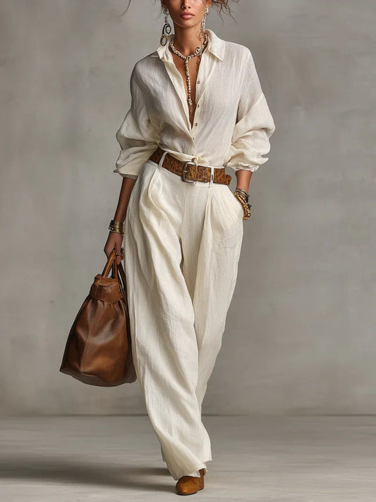 Casual Style Sleeveless Shirt and Wide-Leg Pants Set Colouronova