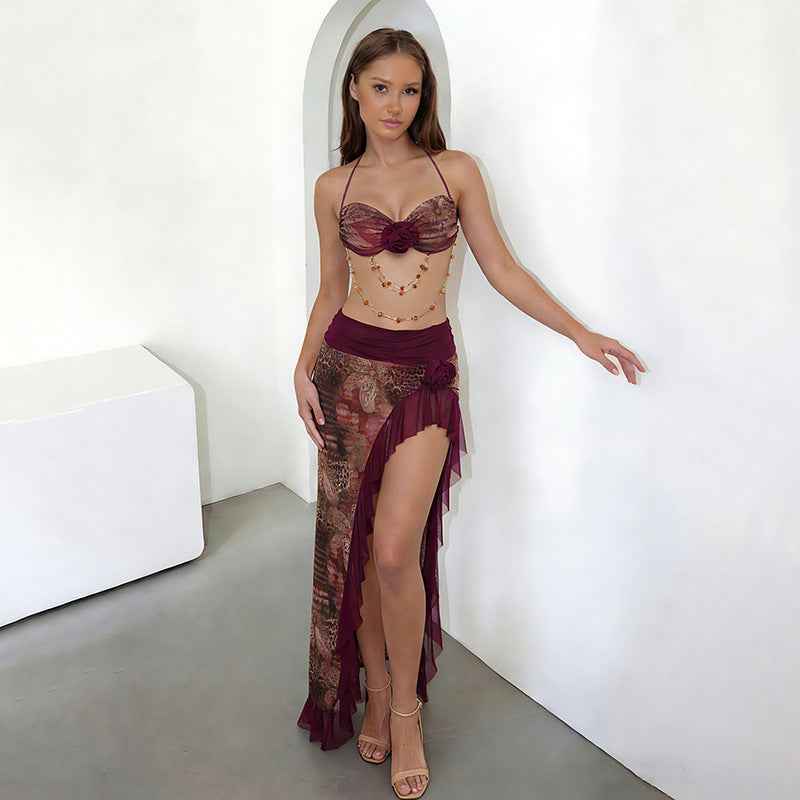 Floral Bead Chain Halter Neck Dress Set