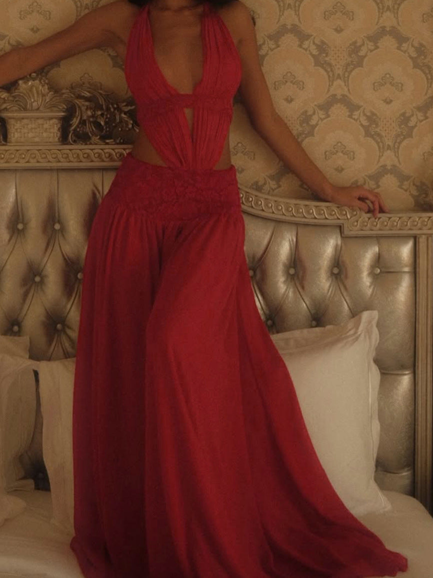 Sexy Halter Deep V-Neck Cut-Out Backless Solid Color Dress Colouronova