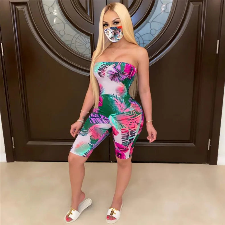 Ladies' strapless sexy jumpsuit shorts, tight fitting, hip hugging, waist cinching, fashionable printed street style commuting - Colouronova