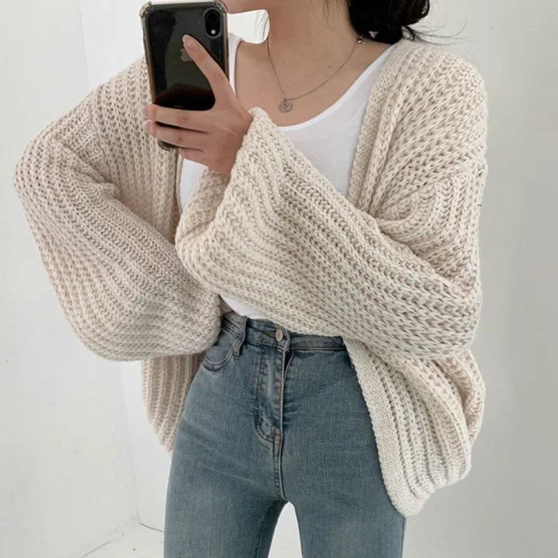 Women Sweaters V Neck Lantern Sleeve Cardigan Jumpers Knit Open Stitch Regular Solid Spliced Casual Simple Autumn 2025 - Colouronova