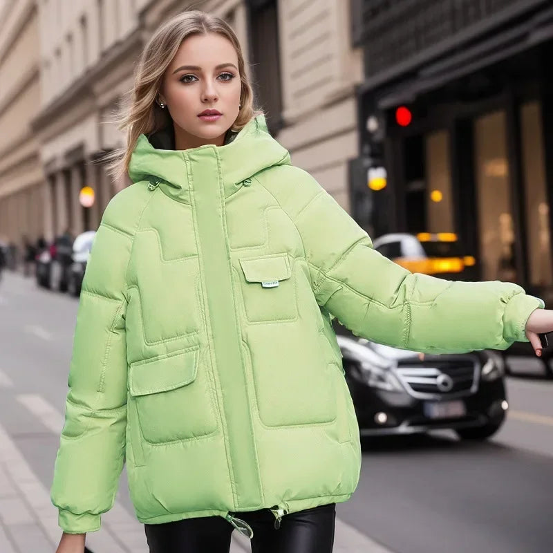 Women Full Sleeve Hooded Zipper Parkas Stand Collar Loose Drawstring Jackets Thick Warm Pockets Casual Coats Autumn Winter - Colouronova