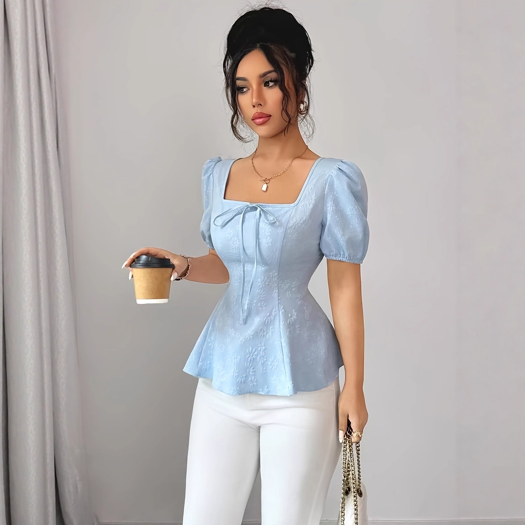 Square Neck Jacquard Blouse with Lace-Up Waist Colouronova