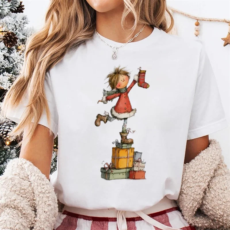 T-Shirt Women's Christmas Socks Christmas Gift Cartoon Street Round Neck Top Women's Casual Harajuku Fashion New Year T-Shirt - Colouronova