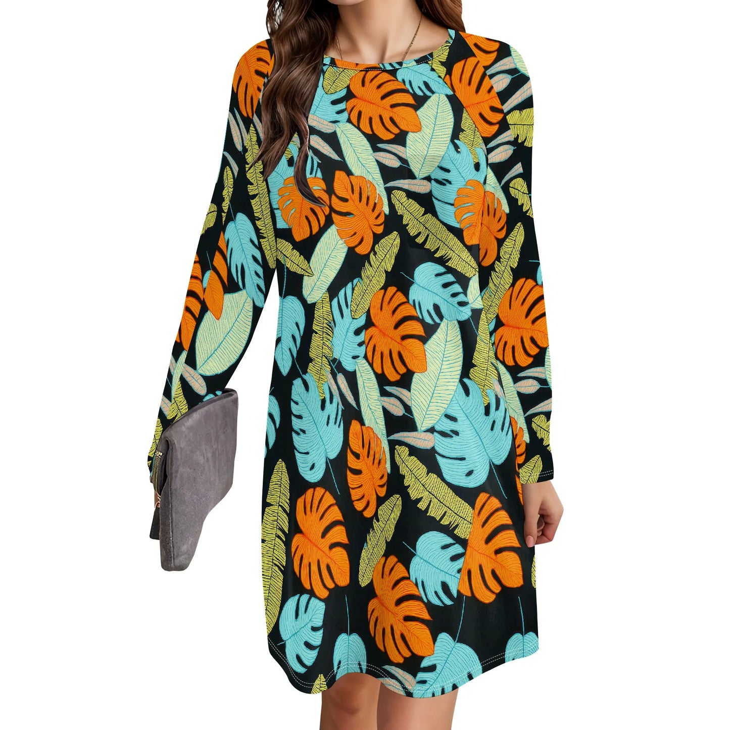 Women's Animal Print Dress Long Sleeve Crew Neck Winter Pullover Casual Loose Comfort Midi Dresses - Colouronova