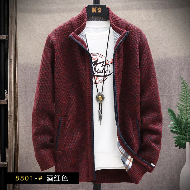 Men's Winter Autumn Fleece Sweater Zipper Cardigan Korean Warm Jacket Coat Sports Male Jumper Knit Clothing Brown Jacket - Colouronova