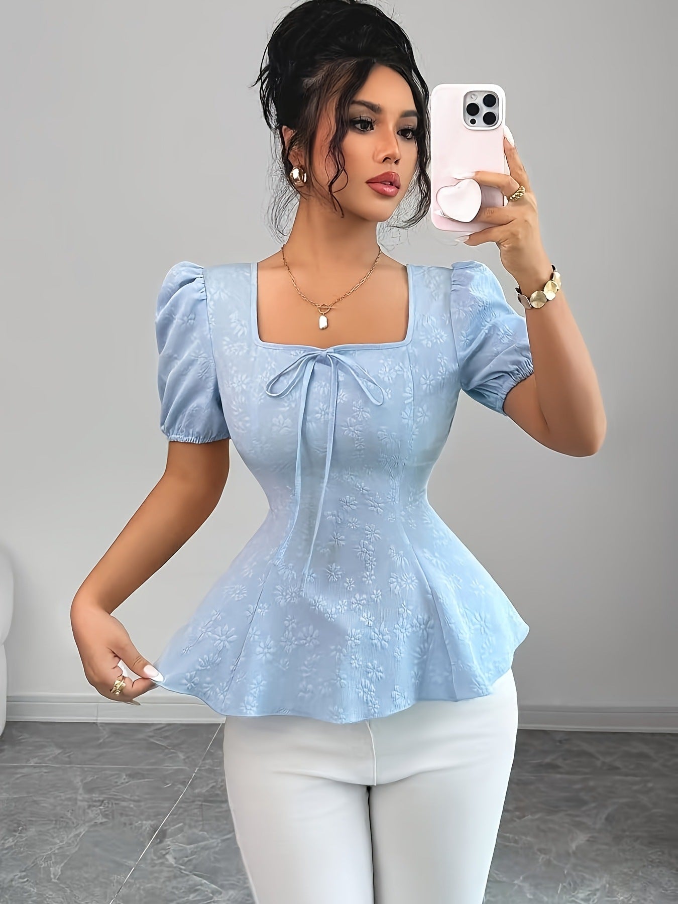 Square Neck Jacquard Blouse with Lace-Up Waist Colouronova