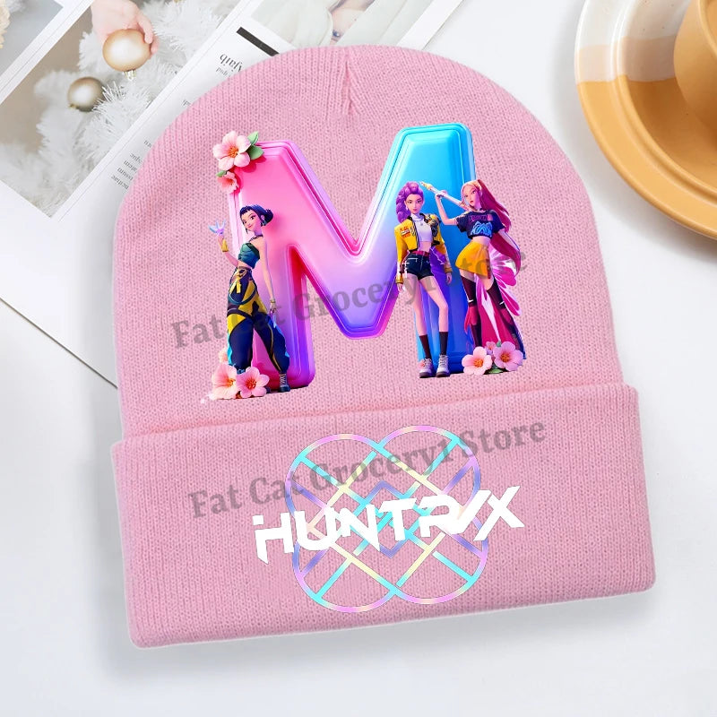 Kpop Demon Hunter Knitted Hat Girls Cute Letter A-Z Knit Cap Kids Winter Outdoors Warm Beanies Children Fashion Headgear Gift - Colouronova