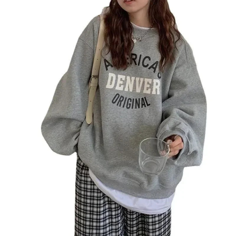 Women's Sweatshirt, Printed Letter Pullover, Casual Tops, Autumn and Winter O-Neck Hoodies, Design Sense, High Street Pupil Coat - Colouronova