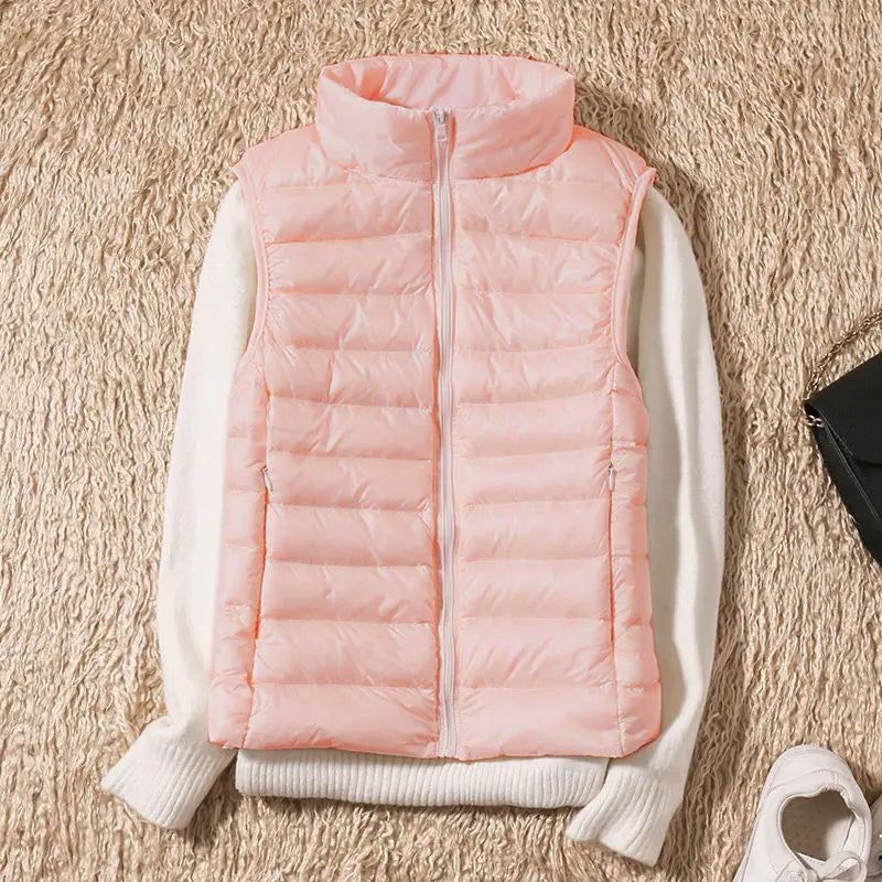 2024 Women's Clothing Down Coats White duck down slim fit new lightweight down vest short standing collar warm thin jacket vests - Colouronova