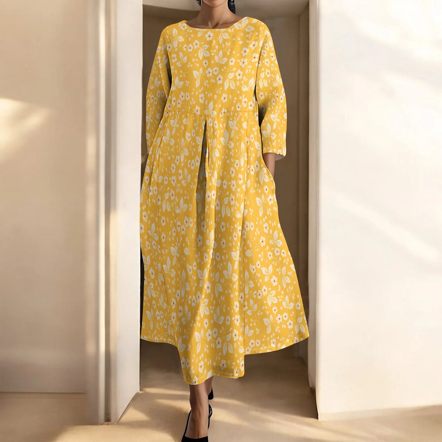 Women's Long Sleeve Elegant Solid Color Autumn Maxi Dresses Casual Loose Plus Size Beach Dress for Women with Pockets - Colouronova