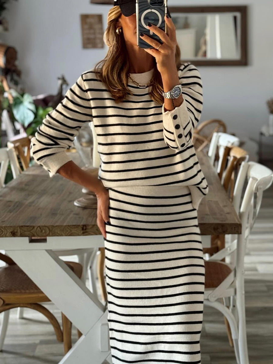 Striped Print Casual Shirt and Long Skirt Set Colouronova