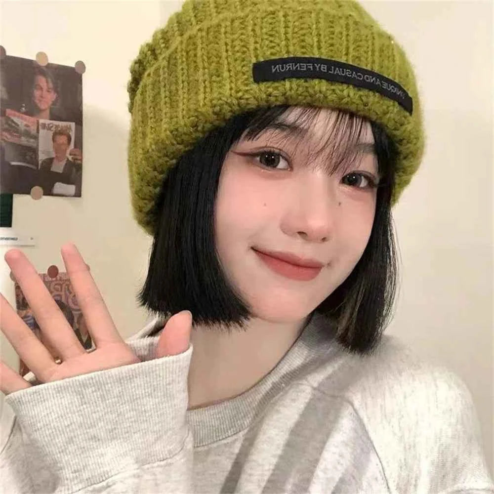 Women Warm Cap Simple Winter Wool Knitting Bonnet Solid Color Ins Versatile Stacked Cap Fashion Knitted Skull Hat Headwear