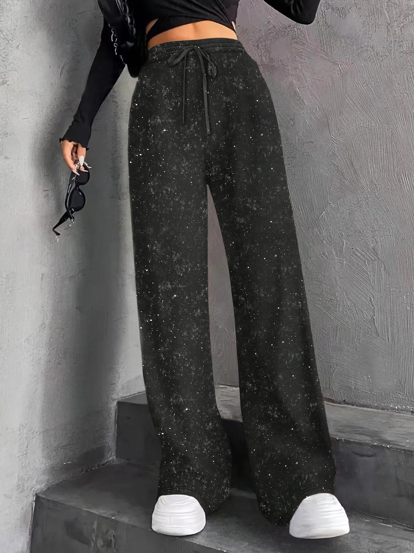 Wide Leg Pants Women Full Length Pant Capris Loose Fit Solid High Waist Drawstring Diamonds Pockets Sports Autumn Casual - Colouronova