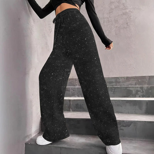 Wide Leg Pants Women Full Length Pant Capris Loose Fit Solid High Waist Drawstring Diamonds Pockets Sports Autumn Casual - Colouronova