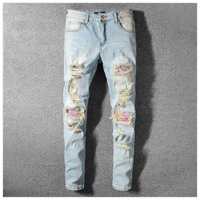 Hole-repaired denim pants Colouronova