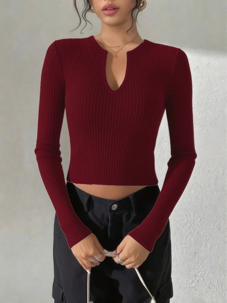 Women's V-neck standard size top, elegant long-sleeved autumn and winter style, bottoming pullover, fashionable popular style - Colouronova