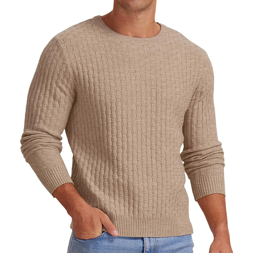 Knit Pullovers Men Solid Sweater Long Sleeve Jumpers Round Neck Sweaters Casual Slight Strech Spliced Male Autumn 2025 - Colouronova