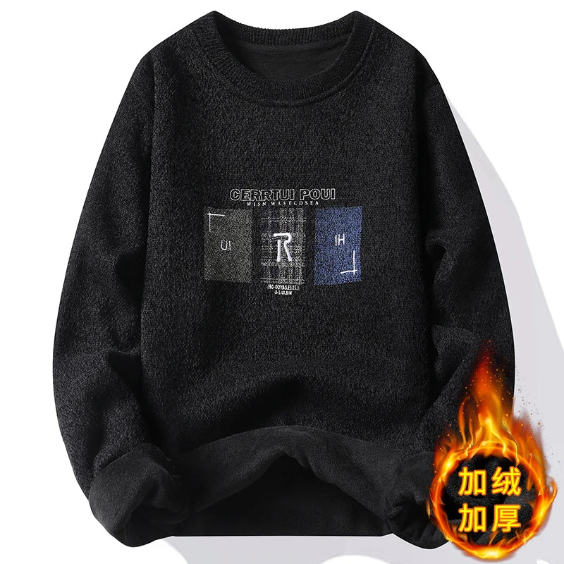 Mens Thick Warm Sweater Crew Neck Knit Sweaters Embroidery Fashion Men's Jumper Casual Sweaters Fleece Lining Winter Pullover - Colouronova