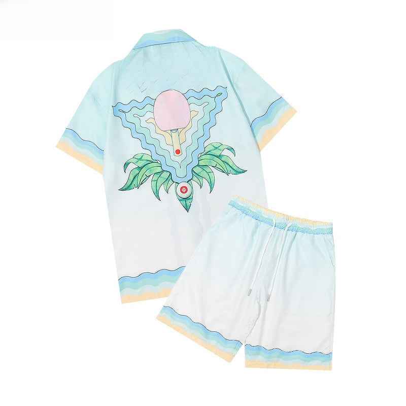 Men's Summer Striped Print Casual Shirt and Shorts Set