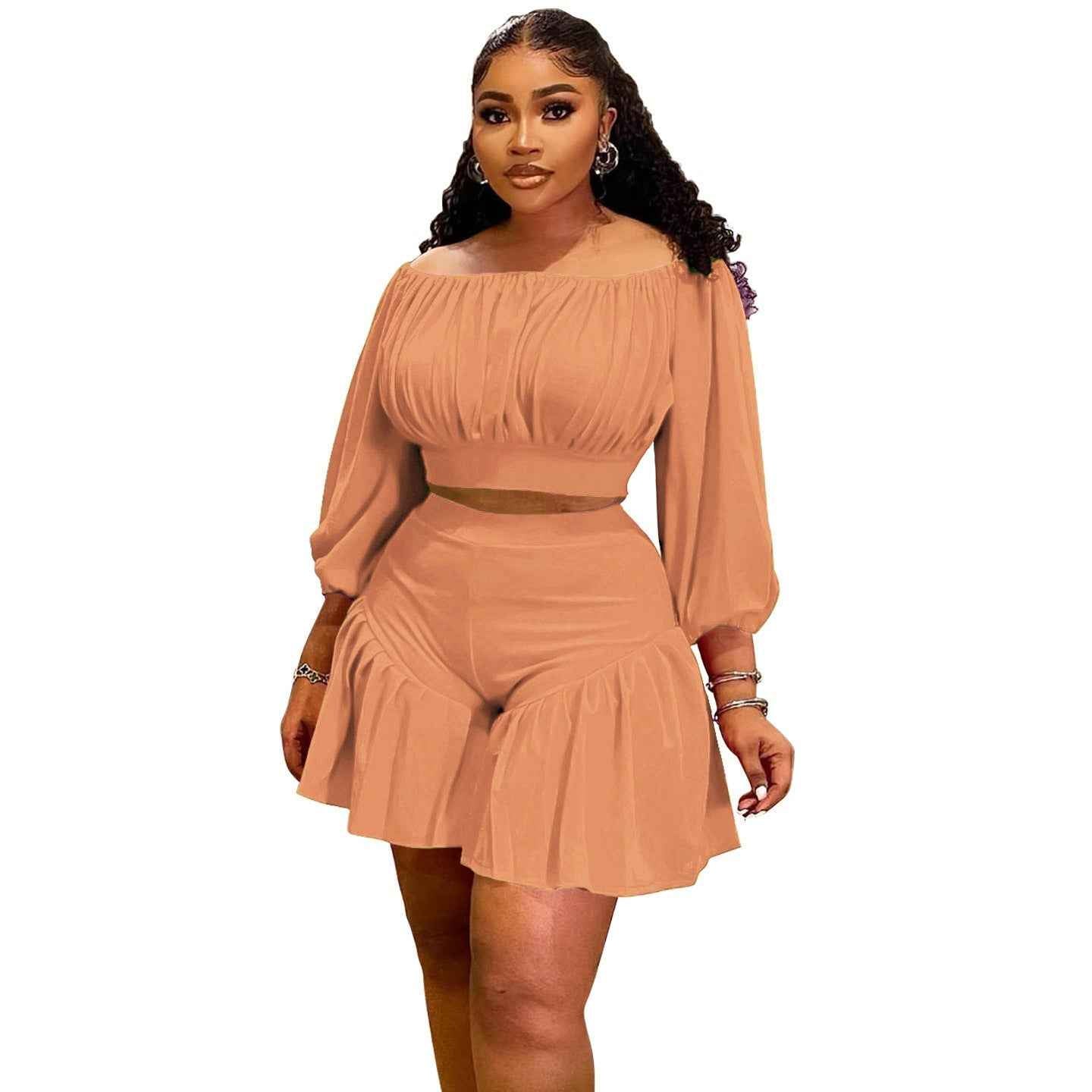 Plus-Size Off-Shoulder Pleated Women's Set