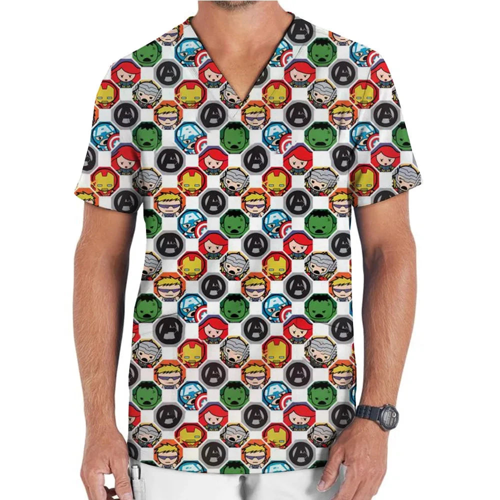 Medical Uniform Men's Nurse Marvel Superhero Matte V-neck Short sleeved Shirt Hospital Top Surgical Dress Men's Dentist T-shirt Colouronova