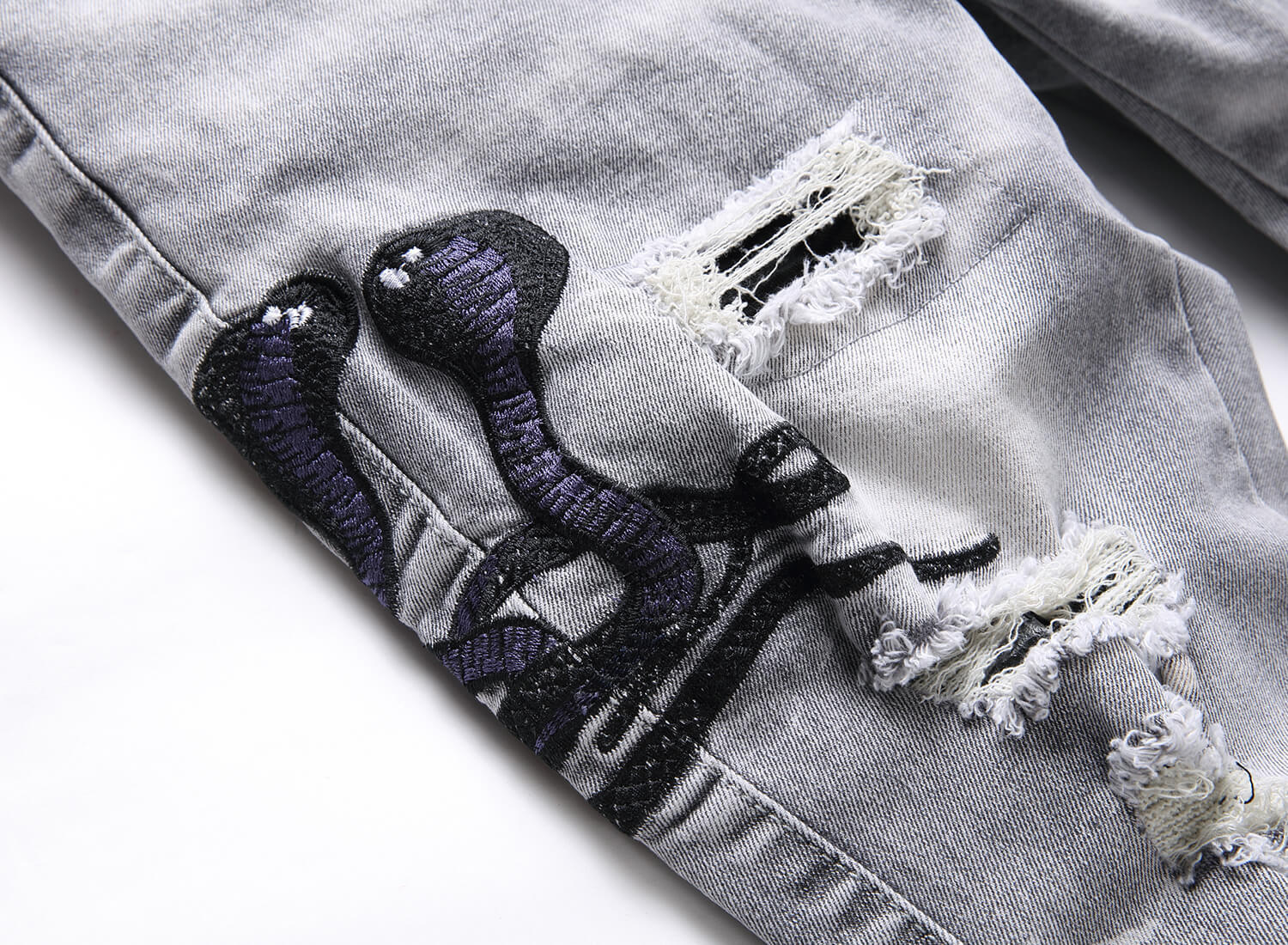 Mens Stretch Ripped Embroidered Jeans Colouronova