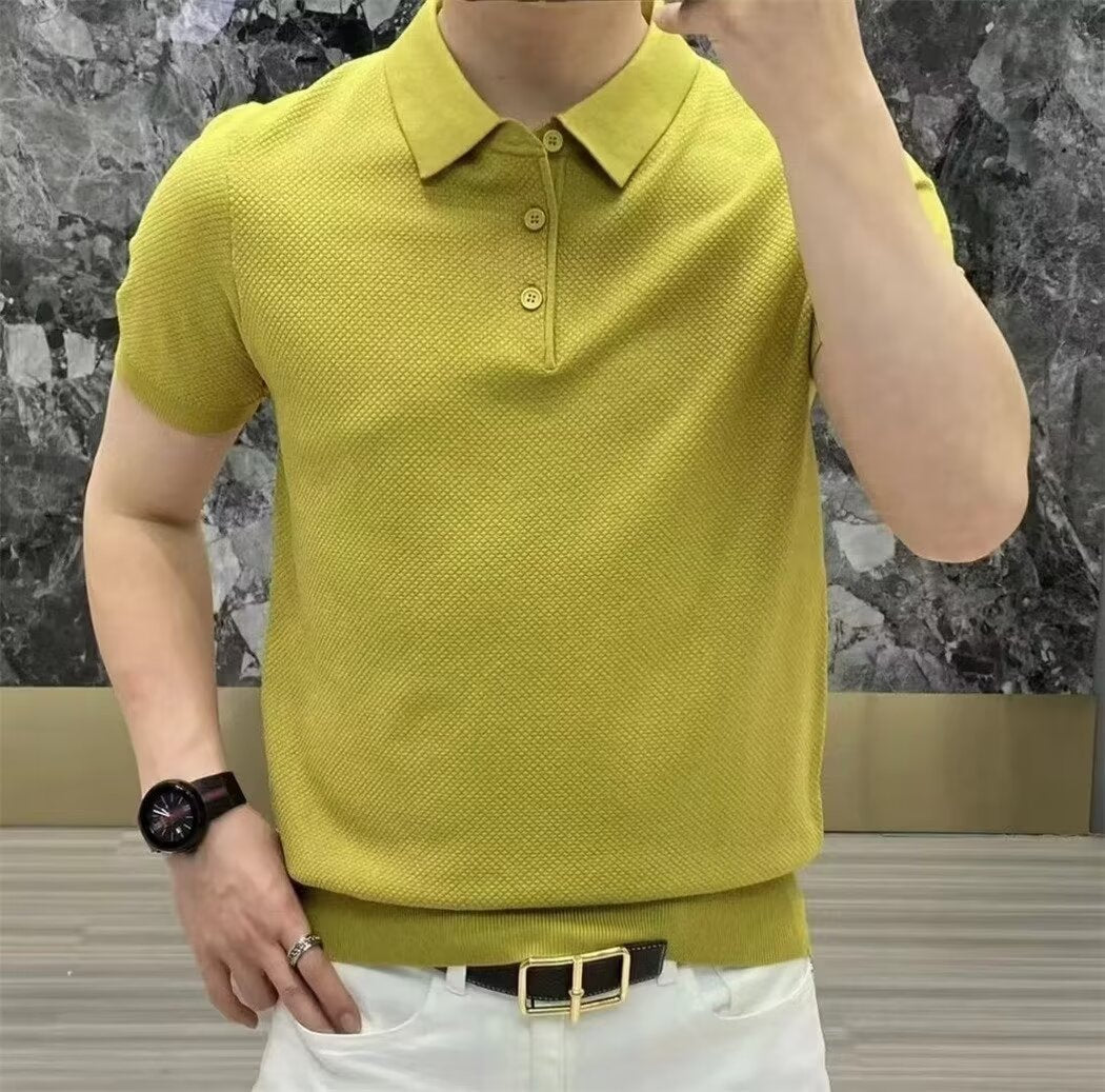 Fashion Casual Lapel Pure Color Polo Shirt Casual Knitted Short-Sleeved Men's Summer New Breathable Trendy Men's T-Shirt Colouronova