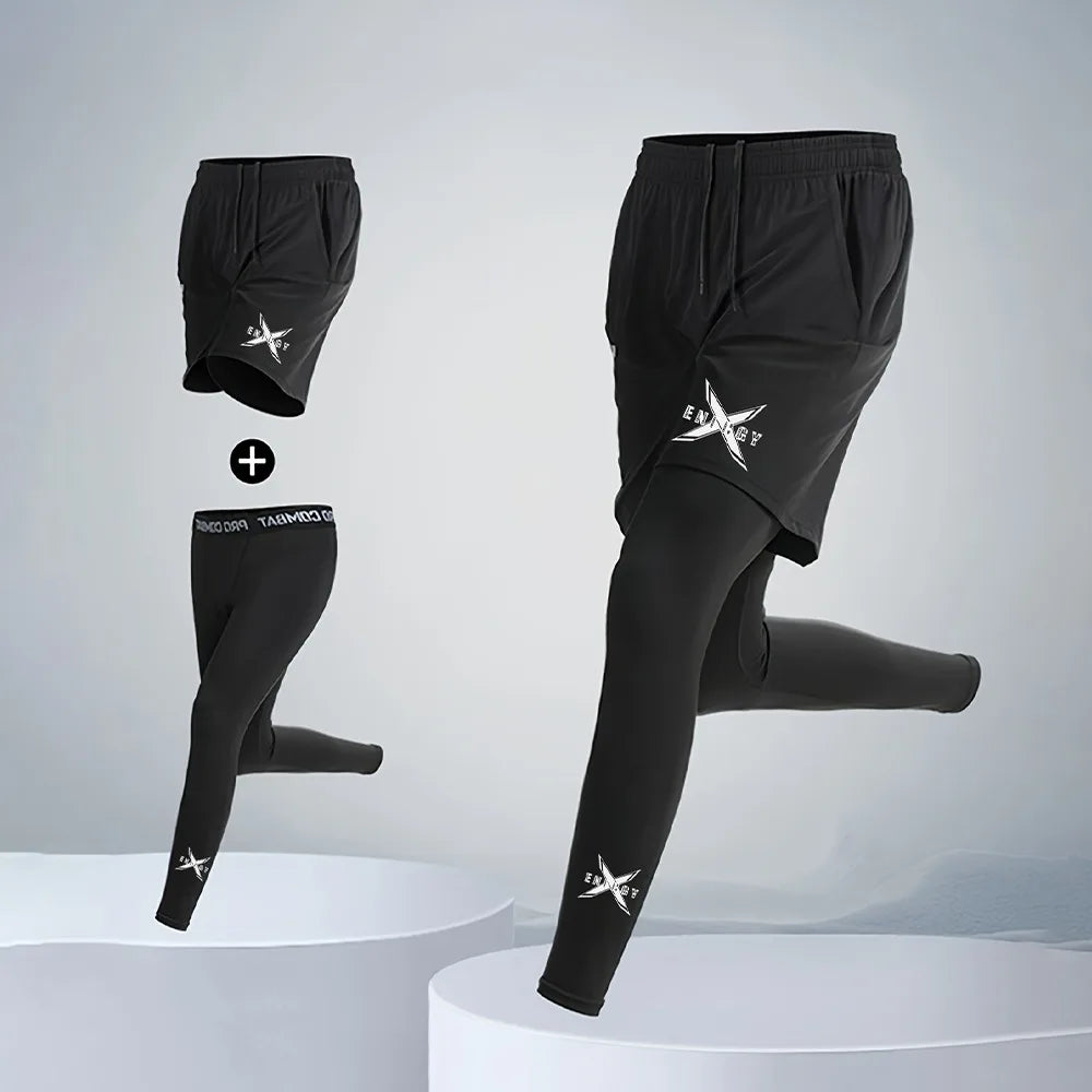 Men's 2-in-1 Compression Running Pants Quick Dry Athletic Workout Sweatpants Shorts Gym Leggings for Active Wear - Colouronova