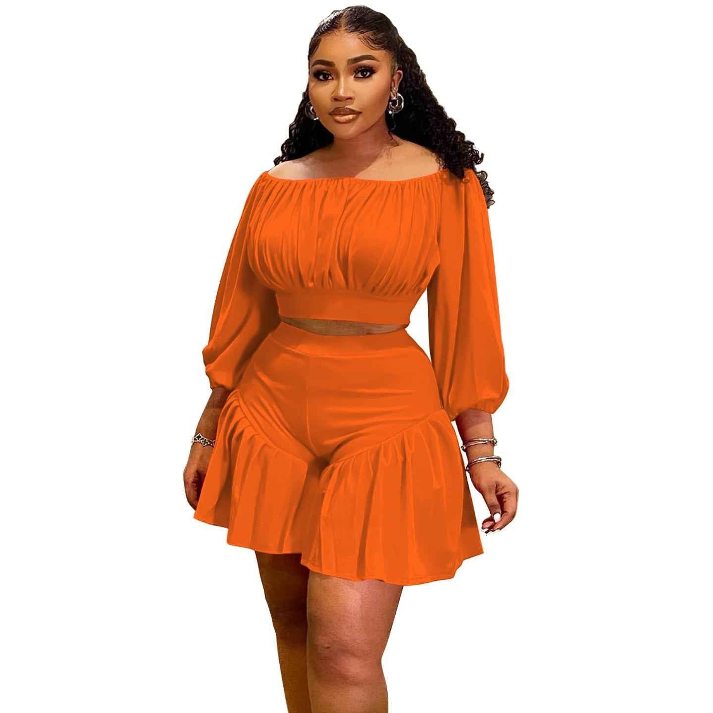 Plus-Size Off-Shoulder Pleated Women's Set