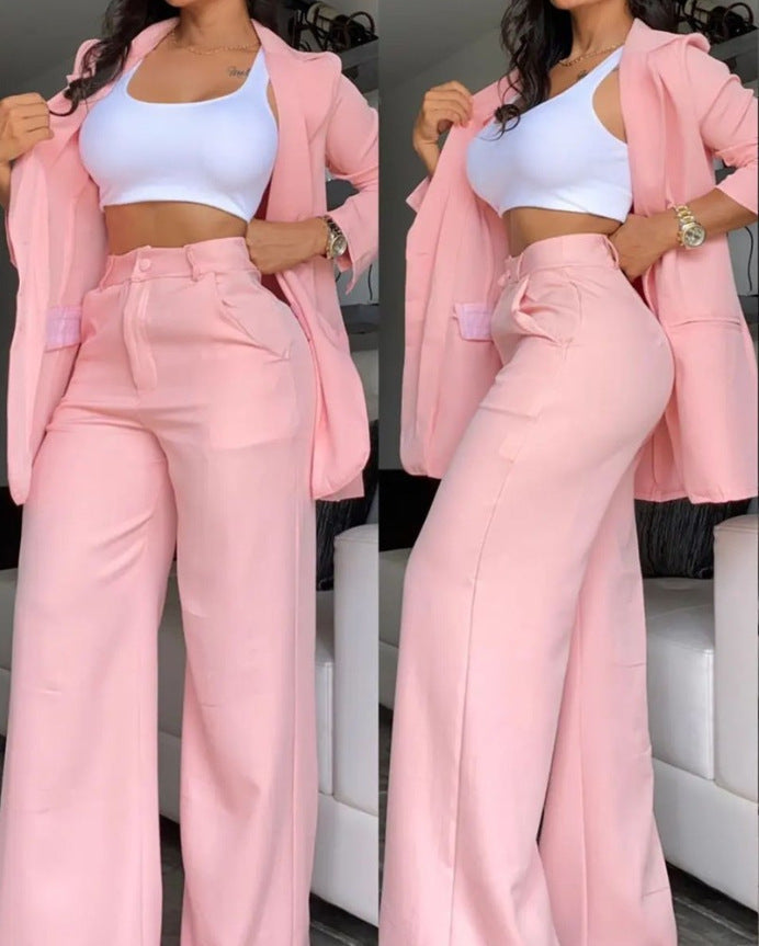 Elegant Solid Color Blazer and Pants Colouronova
