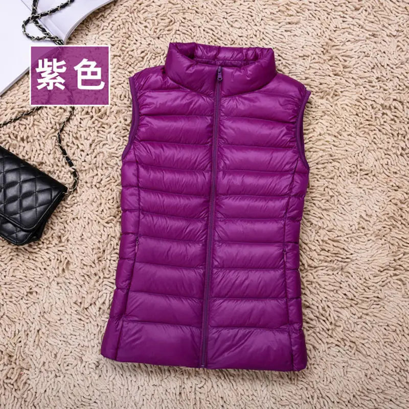 2024 Women's Clothing Down Coats White duck down slim fit new lightweight down vest short standing collar warm thin jacket vests - Colouronova