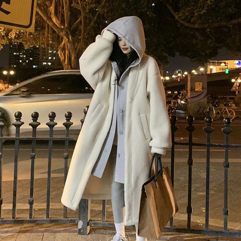 Women Wool Coat Thick Long Jacket Hooded Suits Full Sleeve Single Breasted Solid Blends Warm Elegant Lady Pocket Winter - Colouronova